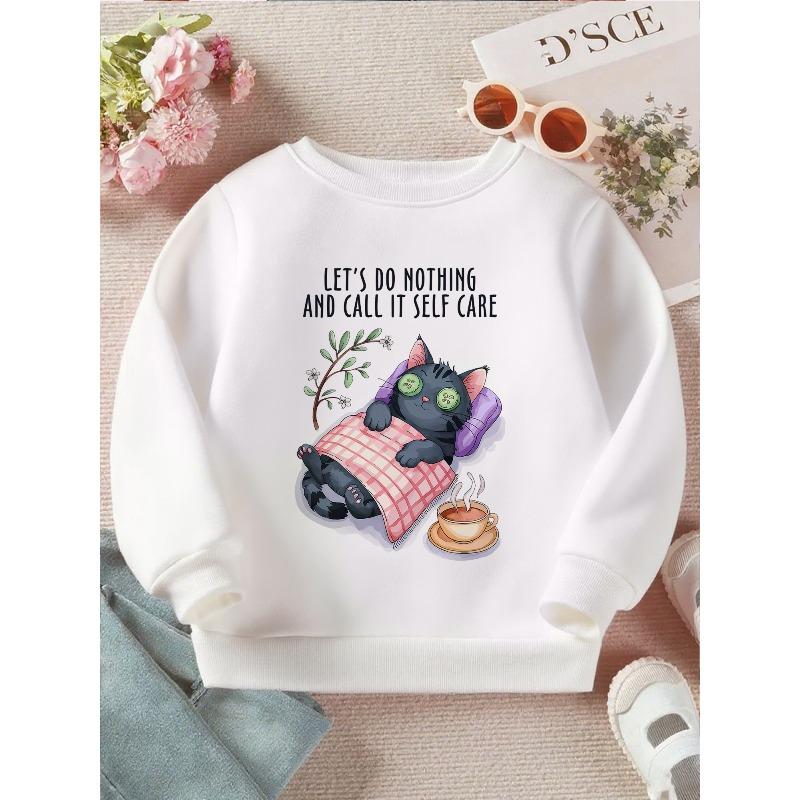 Kids Crewneck Sweatshirt, Funny Cucumber Mask Cat  Relaxation Mode  Self Care Graphic Print 110