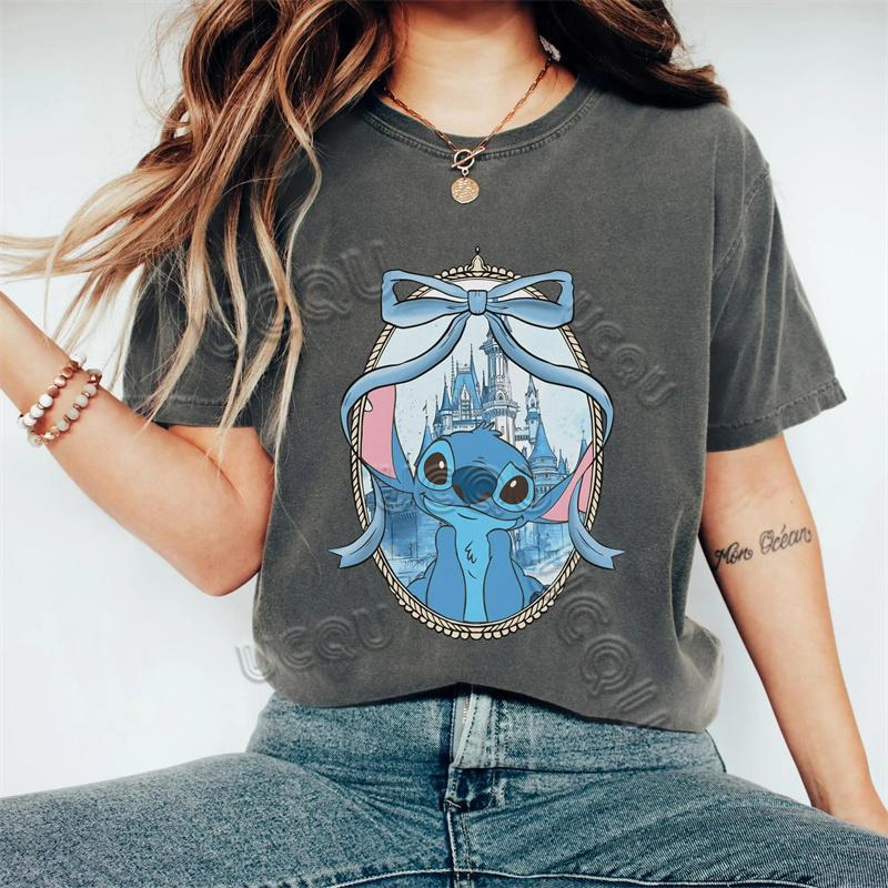 Cartoon Stitch Castle Print TShirt Summer Fashion Casual Sport Cotton Tee Top Femal Clothing Streetwear Y2k Tshirt