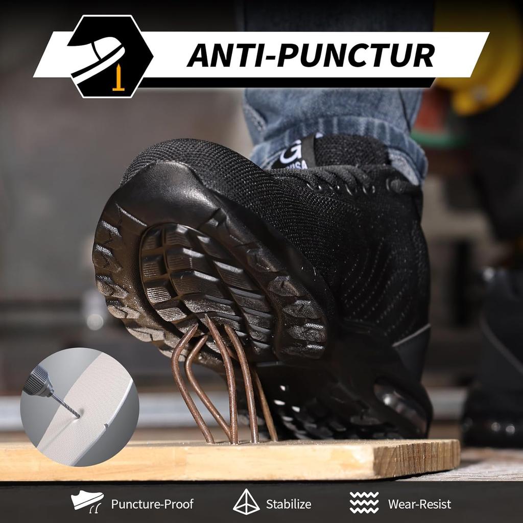 Luftkissen Arbeits-Sicherheitsschuhe Herren Damen Atmungsaktive Arbeits-Sneaker Stahlkappen-Schuhe Durchstichsichere Unzerstörbare Arbeitsstiefel Schwarz