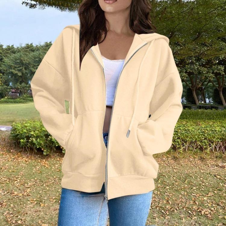 Women Fashion Casual Hooded Long Sleeve Solid Color Zippered Sweatshirt