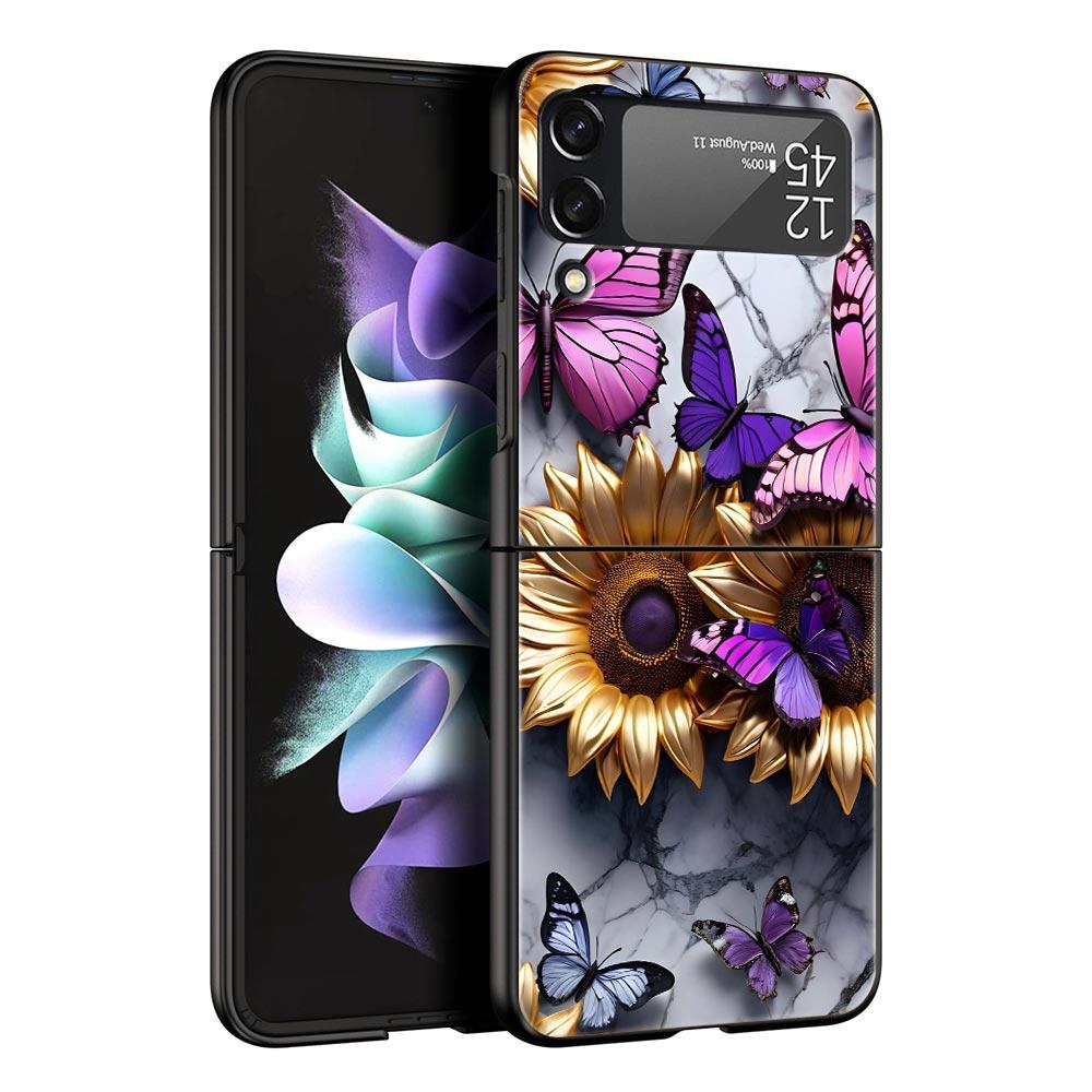 Fashionable Butterfly Flower Pattern Hard PC Phone Case For Samsung Galaxy Z Flip 7 6 5 4 Black Cover For Galaxy Z Flip 3 Shell