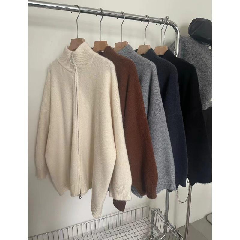Lazy Style Stand-up Neck Sweater Women's Autumn and Winter Loose CasualOversized Grey Turtleneck Zip - Up Knit Sweater