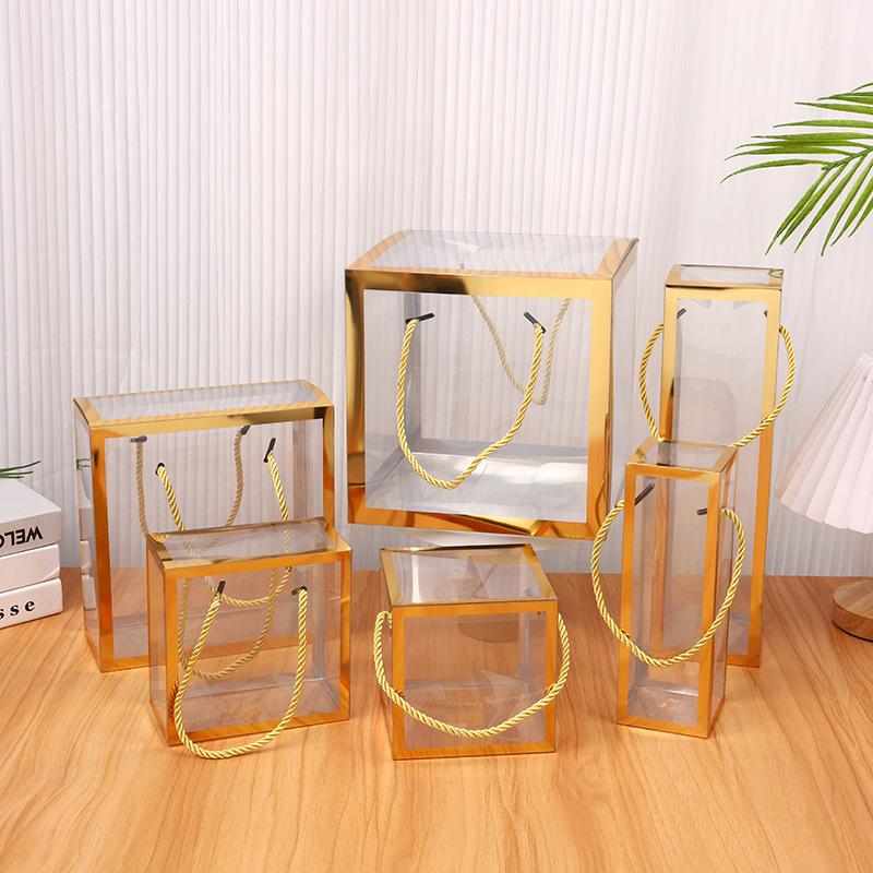 10pcs transparent PVC tote bags boxy handle gift bags with gold or silver trim for weddings birthdays party and retail display
