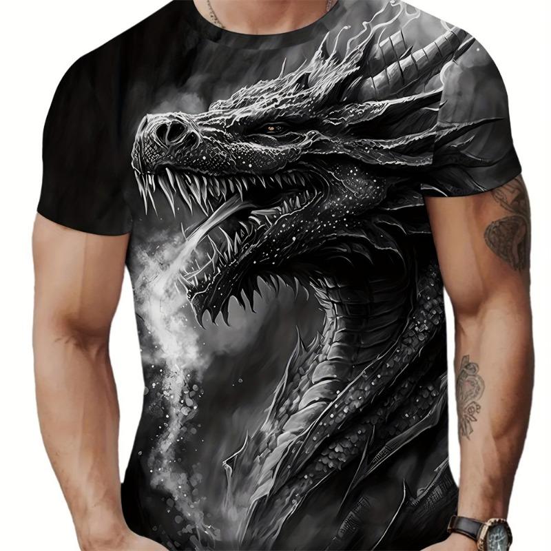 3D Digital Animation Style Roaring Dragon Pattern Round Neck Short Sleeve T Shirt Fashion Cool Men's Summer Streetwear Tops