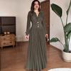Women's Fashion Solid Color Long Sleeve Polo Collar Button Pleated Dress