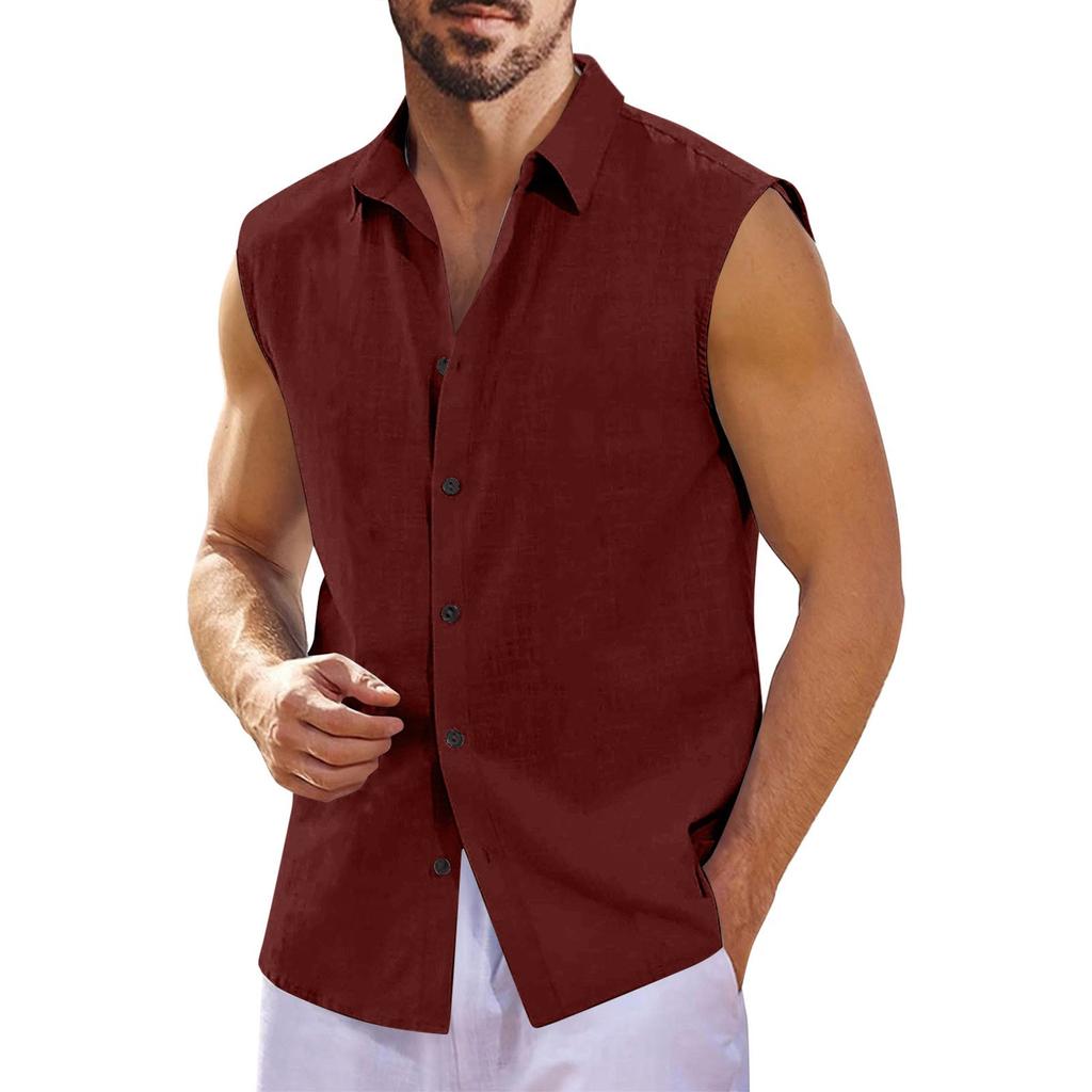 Men's Summer Hawaiian Solid Color Sleeveless Button-Down Shirt