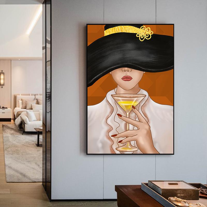 

Настенное искусство Холст Живопись Абстрактная шляпа Шампанское Леди Плакаты и принты Женщины Картина для гостиной Украшение дома без рамы