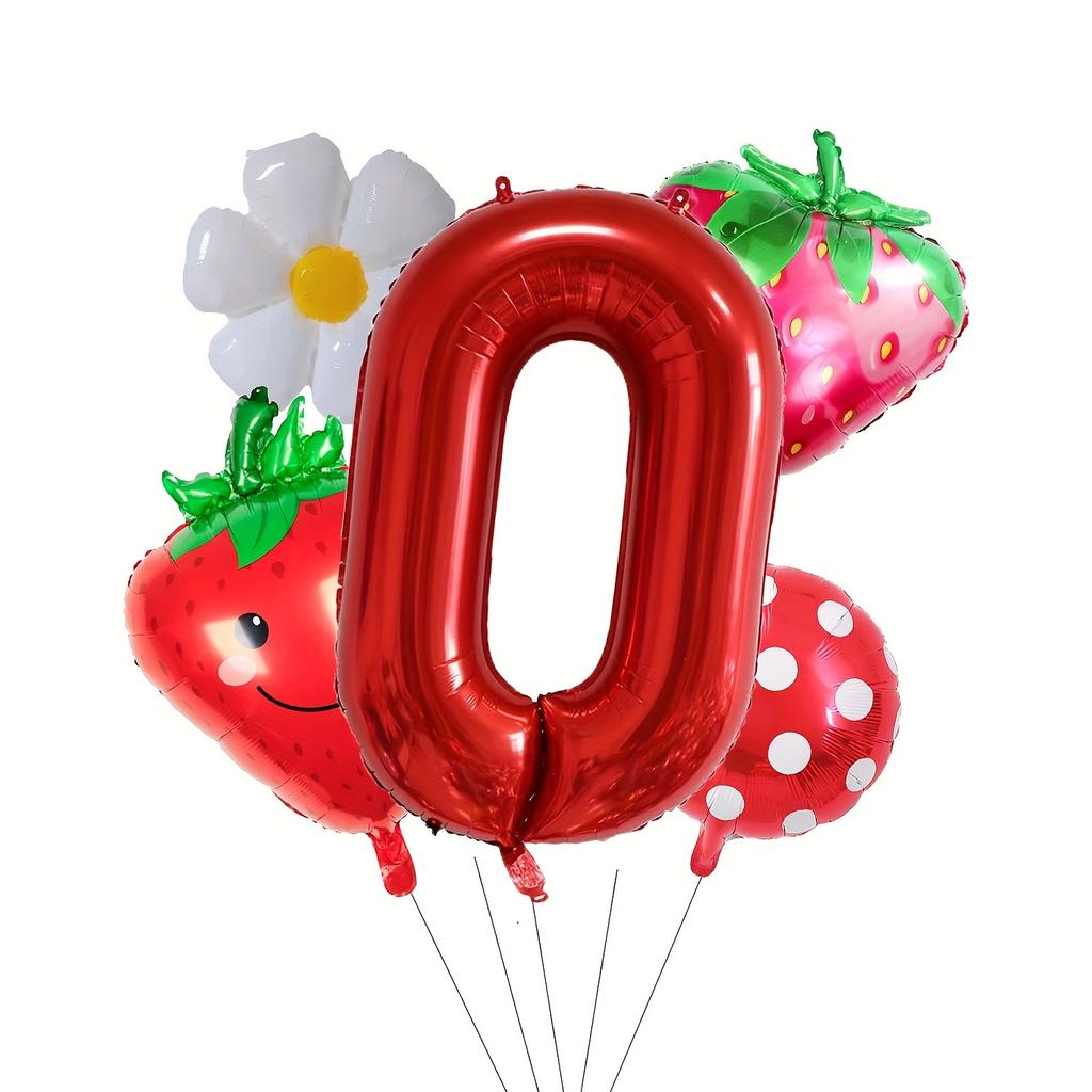 5 Strawberry Berry Birthday Balloon Set -32 Inch Red Numbers (0-9) and Fruit Shape, Aluminum Foil Balloons, Suitable for Spring/summer/autumn