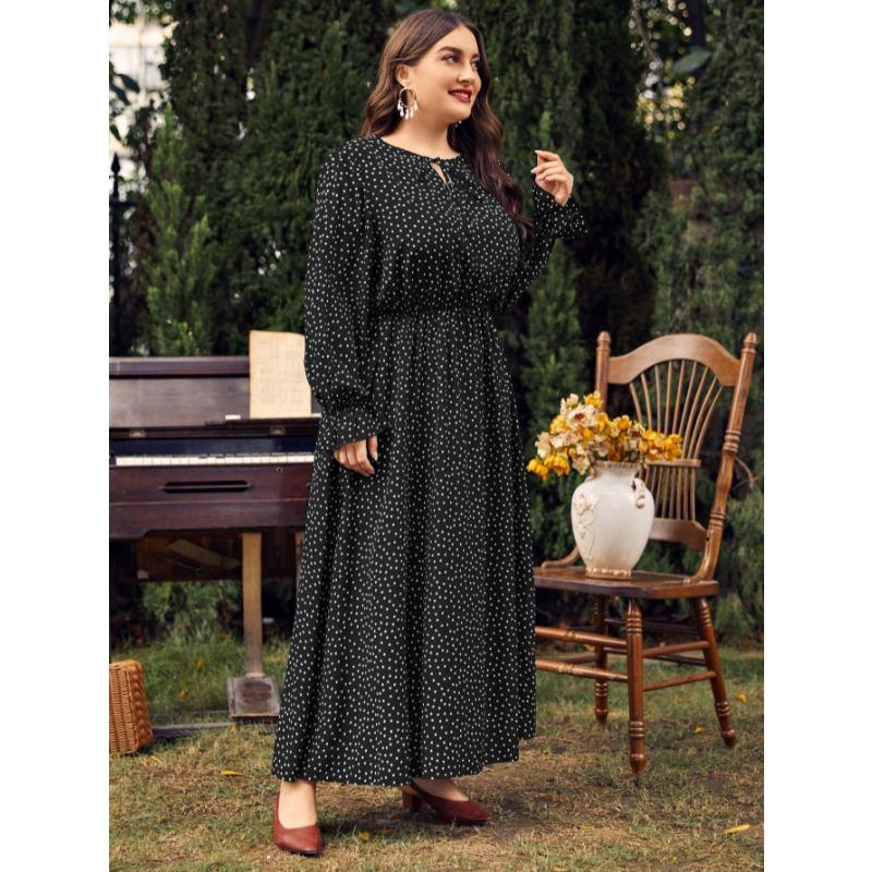 Винтажные платья с длинными рукавами, платье больших размеров с круглым вырезом для женщин, модное платье большого размера в горошек, элегантное обтягивающее платье, модные макси-платья XL чёрный