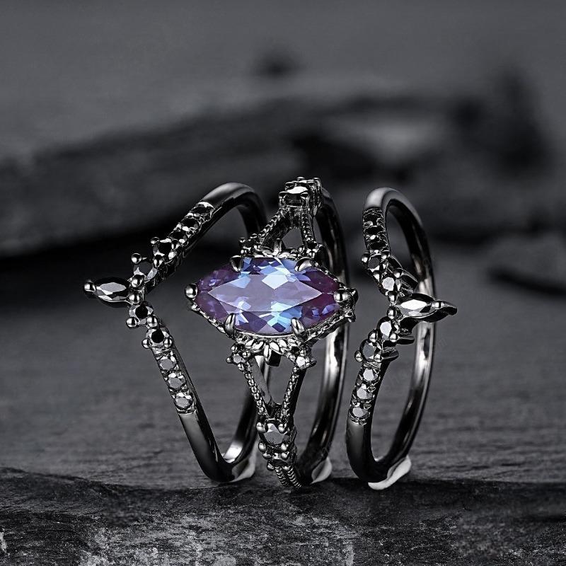 Delicate Women Rings Black Color Oval Round Blue Black Stone Rings Set Party Accessories Gift
