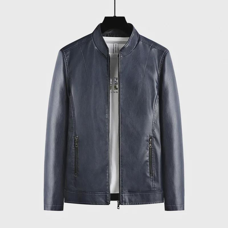 Męska modna kurtka skórzana ze stójką na wiosnę i jesień 2023 z aksamitem dla młodzieży