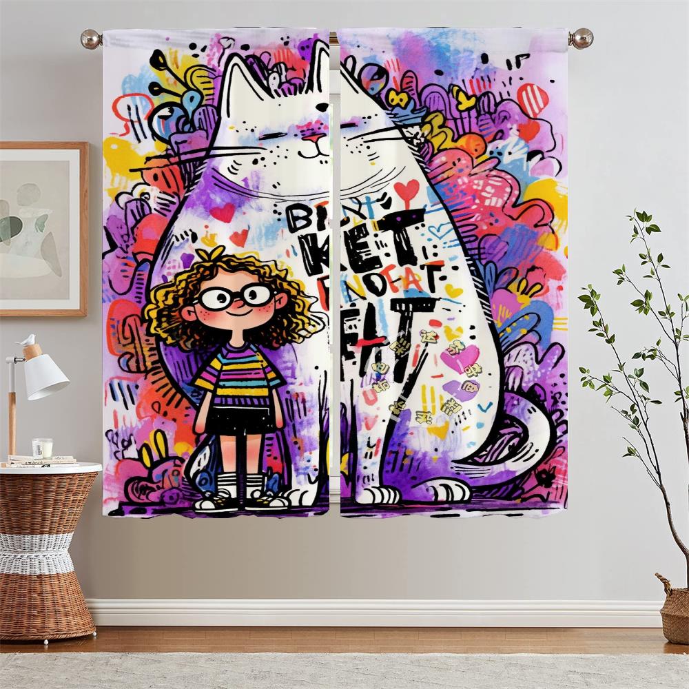 Big Cat and Girl Blackout Curtain for Living Room Decoration Tulle In Kitchen Curtains 2 Pieces Window Black Out Curtains Blinds