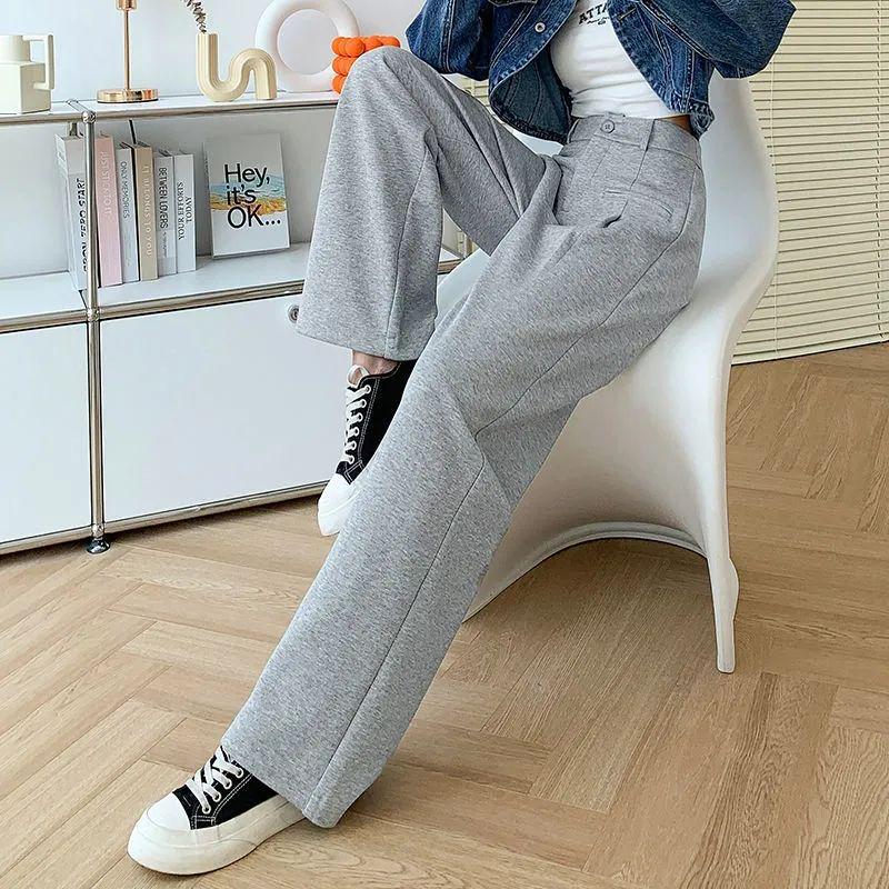 Gray High-Waisted Wide-Leg Pants for Petite, Loose Casual Commuter Style, Floor-Length for Spring/Autumn.