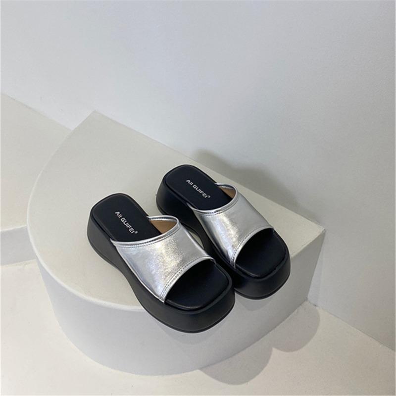 

Height-increasing thick-soled slippers female summer new outer wear new fairy one-word sandals muffin half-drag 35 серебряный