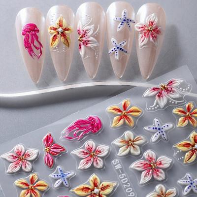Flower Nail Art Sticker Self-adhesive DIY Home Salon Summer Floral Plants Ladybird 5D Embossed Women Fake Nail Decoration Decal