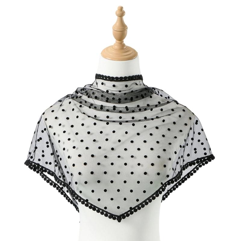 

Lightweight Polyester Scarf With Round Dots and Lace Edging Stylish Headwear for Casual or Formal Occasion чорний