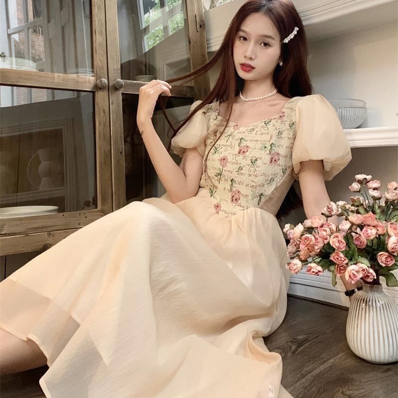 French summer dress new sweet small light and ripe floral dress waist and thin a word medium and long dress