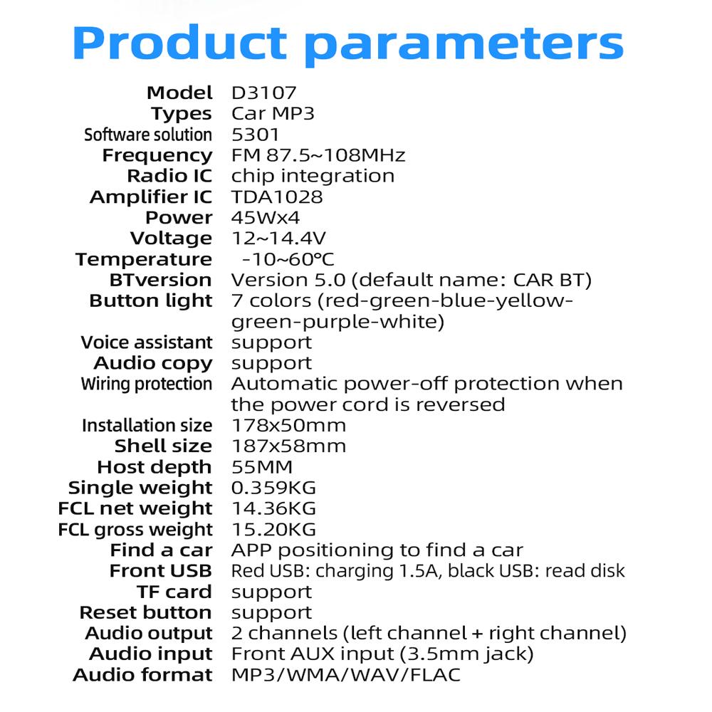 D3107 Carro Bluetooth Smart MP3 Player Suporte Assistente de Voz Inteligente/Rádio FM Auto