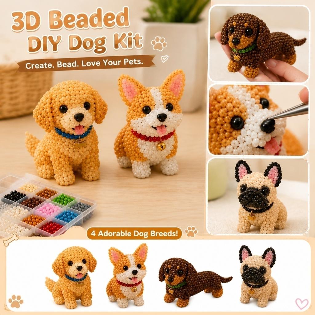 3D Perlen Hund Tierfigur Bausatz - DIY Perlen Set für Kinder, Zubehör
