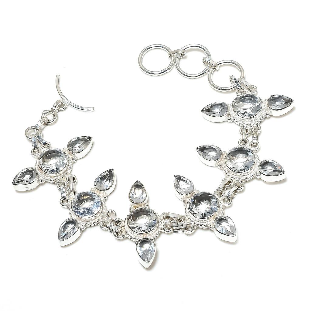 Pulsera de plata de ley 925 hecha a mano con piedras preciosas de topacio blanco para regalar: pulsera de plata con piedras preciosas de topacio blanco y cadena ajustable