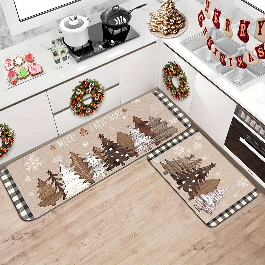 Christmas Linen Texture Wooden Xmas Tree Snowflake Kitchen Rug Set Non Slip Washable Floor Mat Indoor Holiday Decor