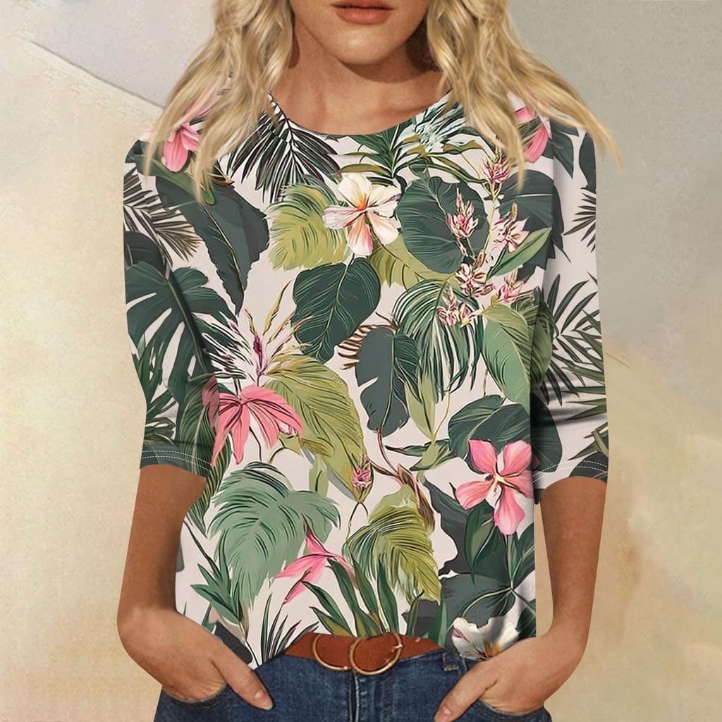 Women's Fashionable Casual Round Neck Three-Quarter Sleeve Printed T-Shirt Top