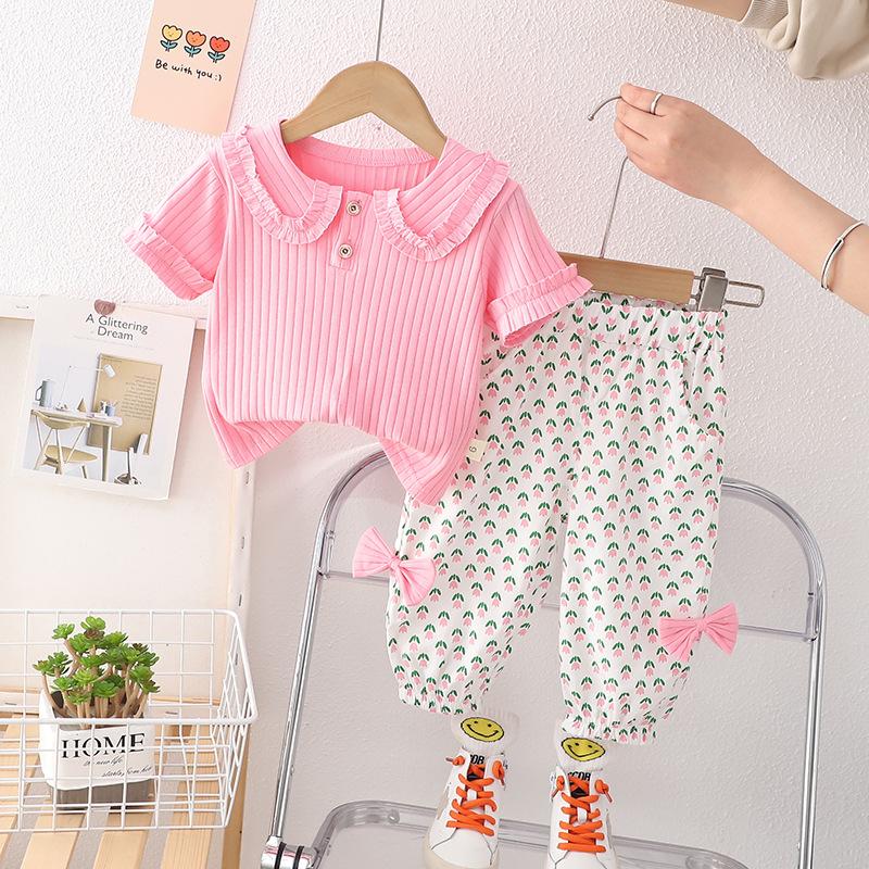 

Новый летний комплект одежды для девочек, детская повседневная футболка и шорты, комплект из 2 предметов, спортивный костюм для малышей, детская одежда, детские спортивные костюмы 120 розовый