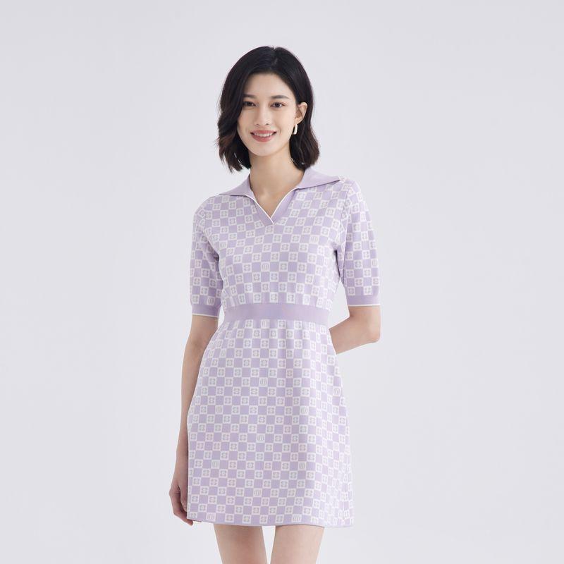 

Obeg Spring and Summer Retro Chessboard Grid Knitting Dress Tibetan blue lattice 155/XS/34