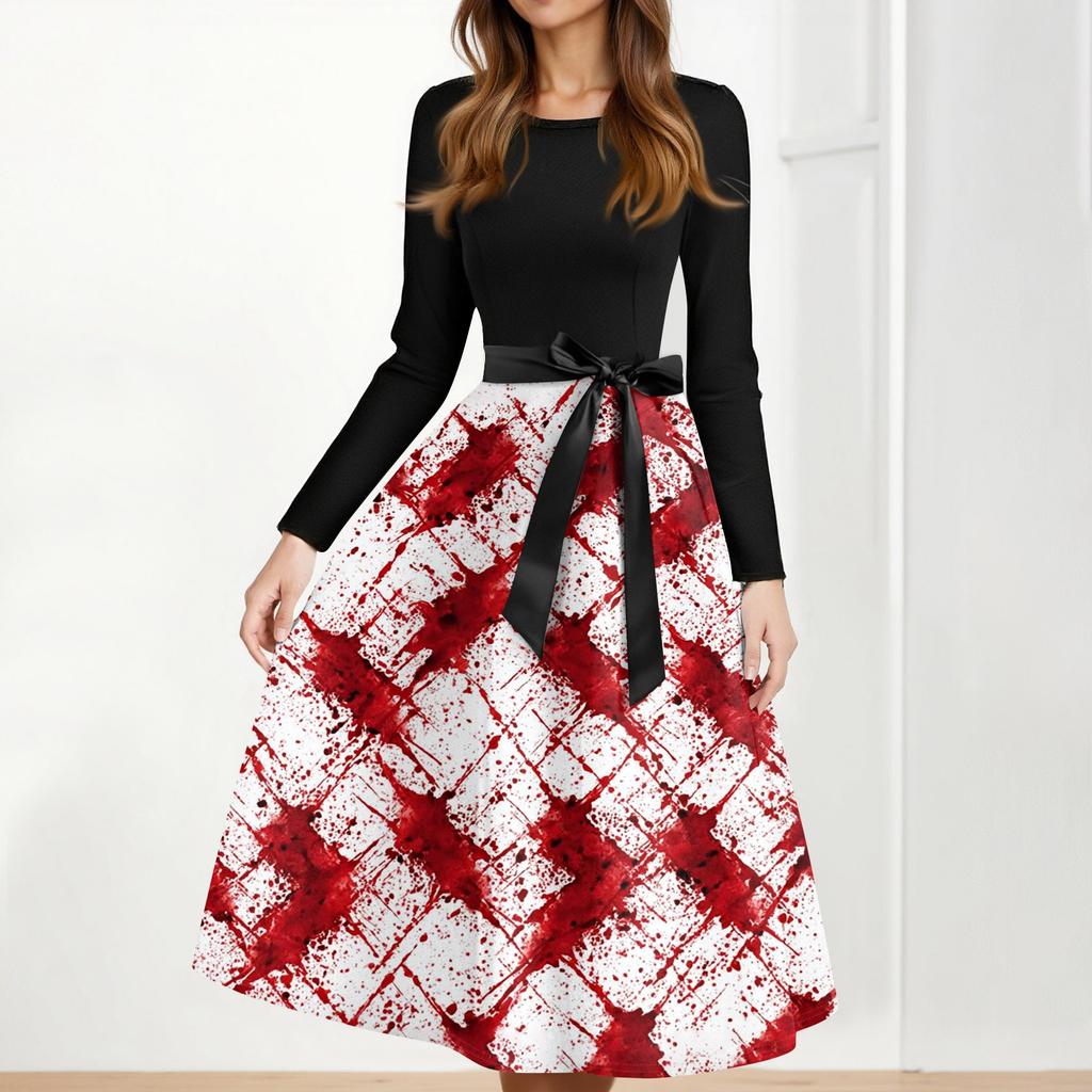 Women's Casual Fashion Halloween Printed Round Neck Vintage Dress