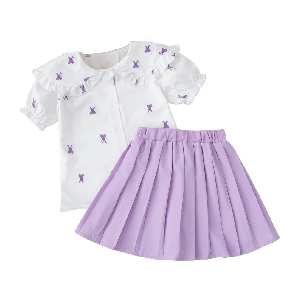Conjunto de Falda Plisada Preppy de Verano para Niñas con Manga Corta Fruncida y Bordado de Conejo Conjunto de Dos Piezas para Niños