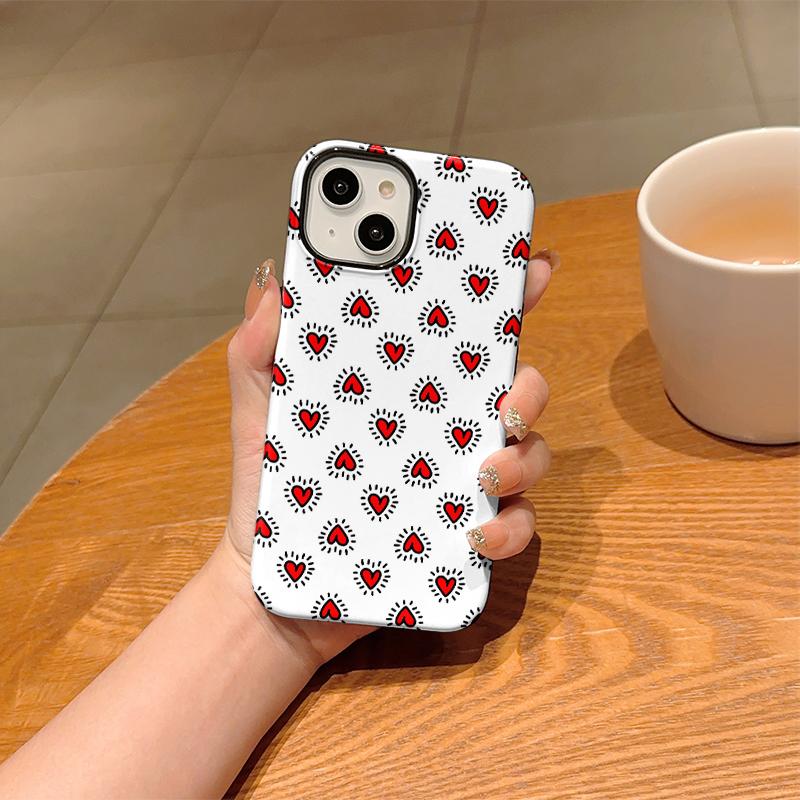 Trendy Kawaii Retro Red Love Heart Hand Drawn Doodle Art Film Aesthetic Protective Phone Case For iPhone 14 15 16 Pro Max Plus Dropproof Bumper Cover