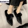 Sexy Pelz Spitzschuh Damen Slipper Schuhe Mittelhohe Absätze Stiefel 2025 Trend Chelsea Winter Warm Plüsch Veloursleder Büro Pumps Pelz Botas Mujer