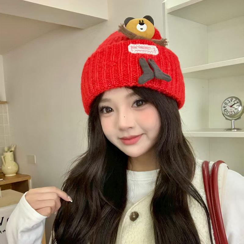 Japanese style Cute Bear Knitted Hat Girls' Autumn and Winter Student Warm Ear Protecting Woolen Hat Headscarf Cold Proof Hat