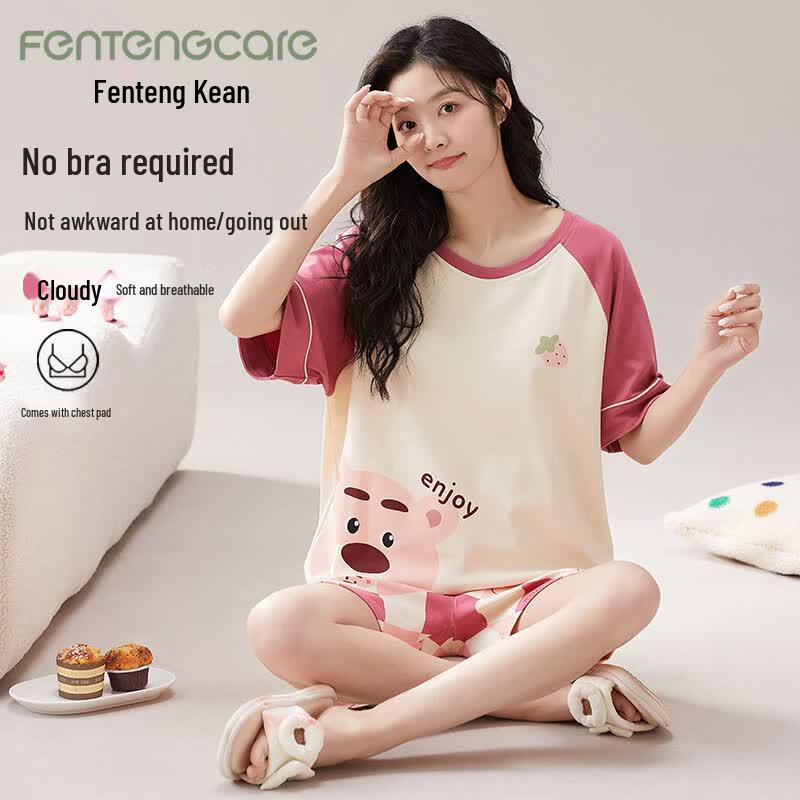 FENTENGCARE Women s Summer Short Sleeve Pajama Set with Chest Pad XXL
