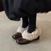 Cowhide Version 2025~ Square Head One-pedal Velvet Warm Mary Jane Small Leather Shoes Cotton Shoes Thick Heel Single Shoes Fluffy Shoes