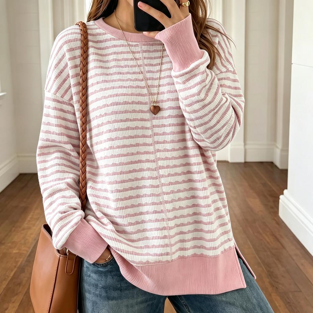 Women's Striped Side Slit Pullover Sweatshirt Loose Fit Long Sleeve Top for Fall Winter