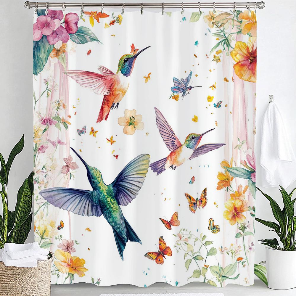 1pc Flowers Hummingbird Shower Curtain: Embrace the Artistic Design, Floral Bathroom Decorative Curtain, Home Curtain with Hooks