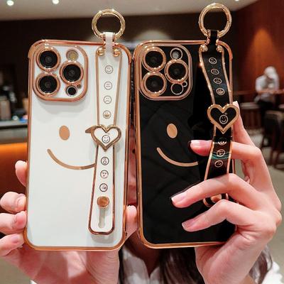 Wrist Strap Smiley Face Phone Case for iPhone 13 14 15 16 17 Pro 12 11 7 8 X XR XS Max Plating Silicone Lanyard Shockproof Cover