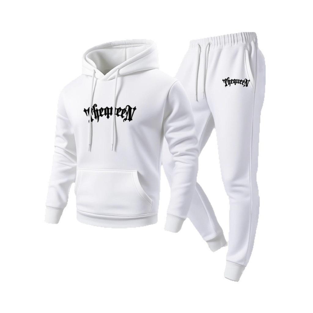 Men's fashionable casual two-piece set, new fleece-lined personalized letter print hooded shirt, sweatshirt and pants set