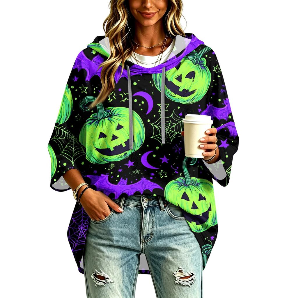 Women's Fashionable Three-Quarter-Sleeve Halloween-Printed Hooded Pullover