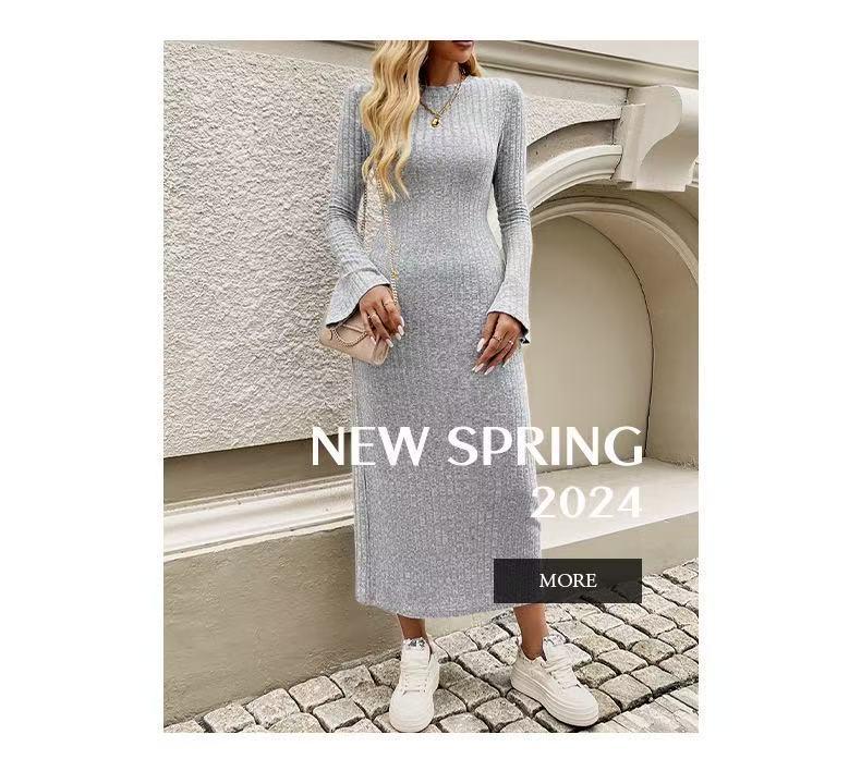 2025 Herbst/Winter Flares Ärmel Schmale Passform Rundhals Strickkleid