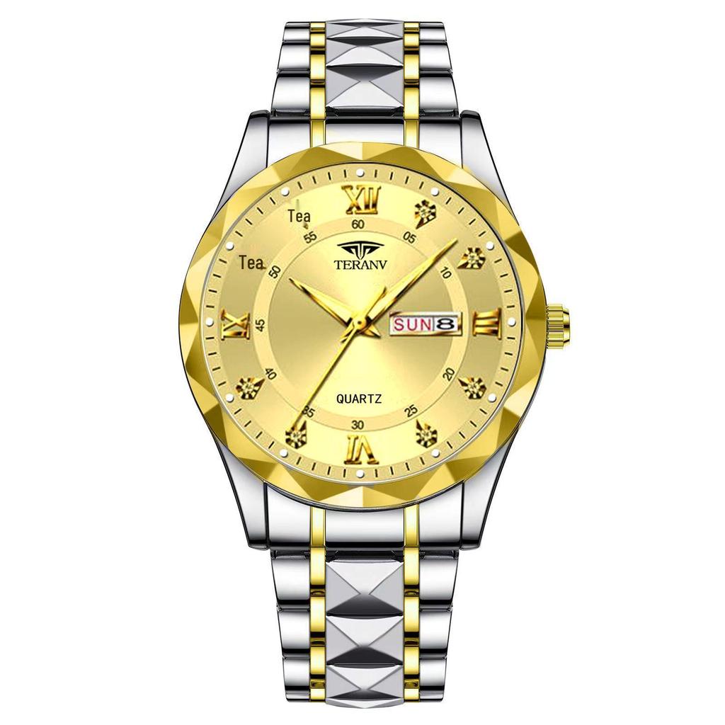 Men's Luminous Waterproof Quartz Watch with English-Chinese Calendar and Rhombus Case