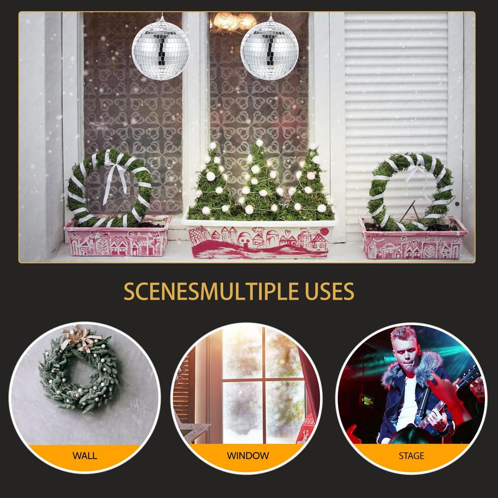 Lurrose Mirror Balls, 15cm, Set of 2, Hanging, Reflective, Disco Light, Christmas Decoration, Tree Ornament, Silver