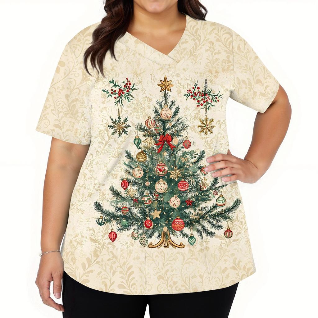 Women's Fashion V-neck Short Sleeve Workwear With Pockets Christmas Printed Tops