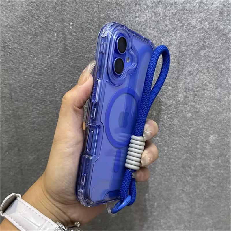 Luxury With Lanyard Clear For Magsafe Phone Case For iPhone 14 11 12 13 15 16 Pro Max Shockproof Armour Wrist Strap Back Cover