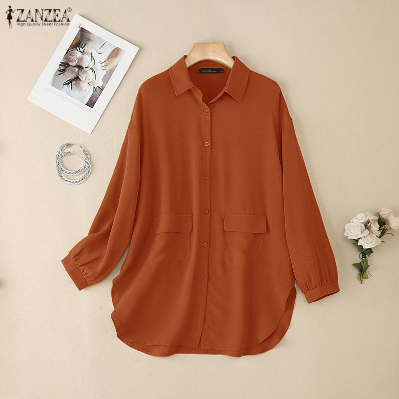 ZANZEA Women Turn Down Collar Solid Color Loose 3/4 Sleeve Blouse