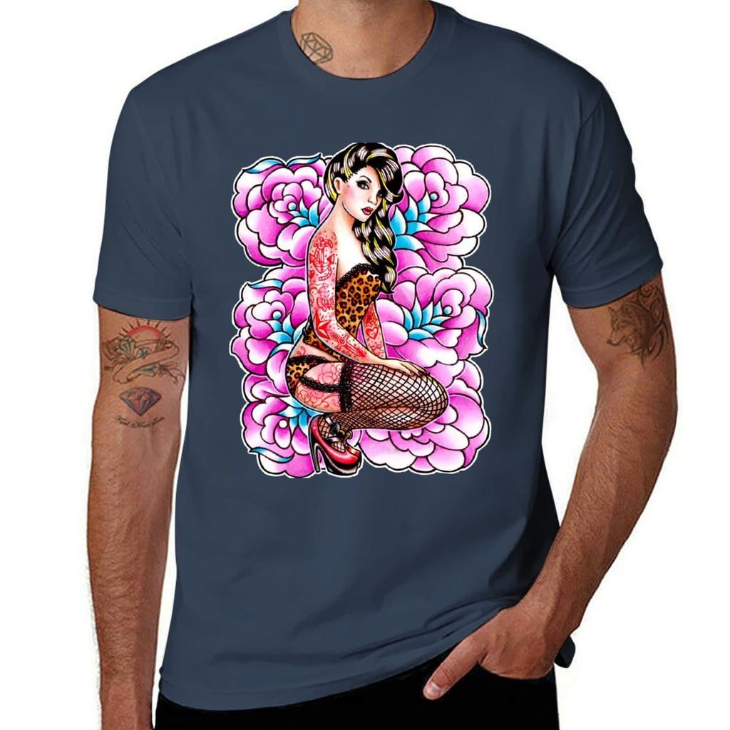 Tattooed Pin Up Girl With Roses Tshirt Soft Durable Cotton Tshirt