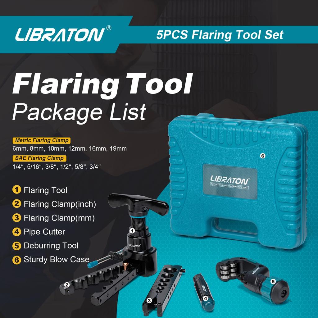 LIBRATON Flare Eccentric Flaring Flare Processing Air Conditioner Plumbing for Pipe Deburring Bar Included Tool, Tool, Tool, Tool, 1/4-3/4 inch,