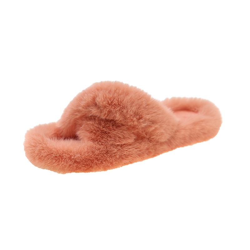 Fashion Luxury Fashion One Word Thick Fur Slippers Double Fur Slippers Casual Home Cotton Shoes Women Flat Plush Cross Straps Slippers
