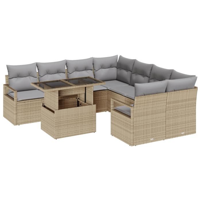 Ensemble de Canapés de Jardin vidaXL 9 Pièces avec Oreillers Beige Poly Rattan, Canapé de Jardin 2 Places vidaXL348796